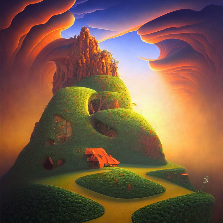 Whimsical landscape with green hill, red-roofed cottage, and swirling sky