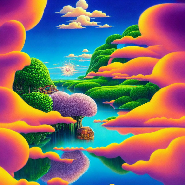 Colorful surreal landscape with purple trees, blue-green hills, reflective water, and orange clouds.