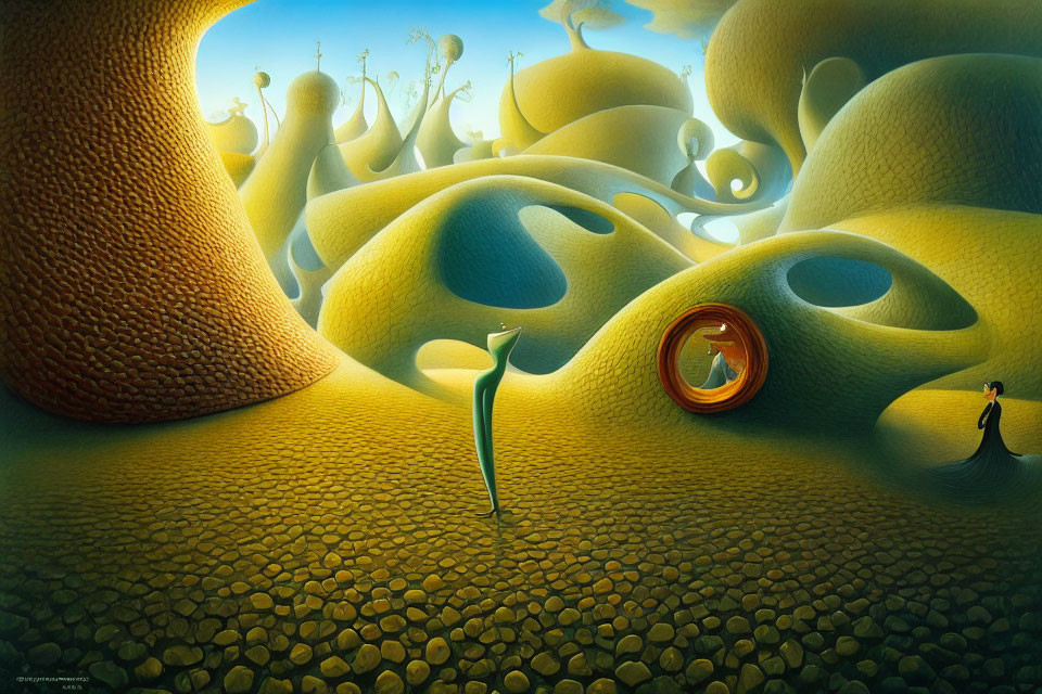 Surreal landscape with wavy terrain, tree, figures, pebbles, and blue sky