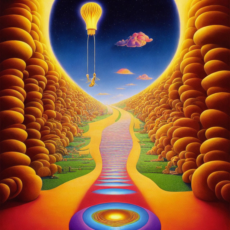 Colorful surreal landscape with golden path, swinging figure, and whimsical clouds