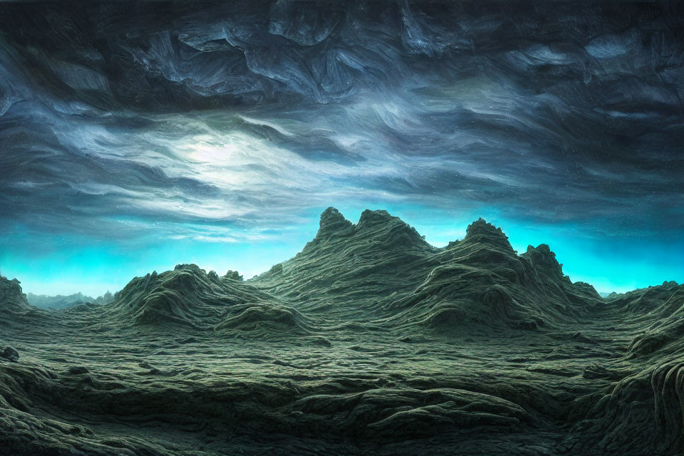 Desolate landscape with rugged rocky formations under a turquoise sky