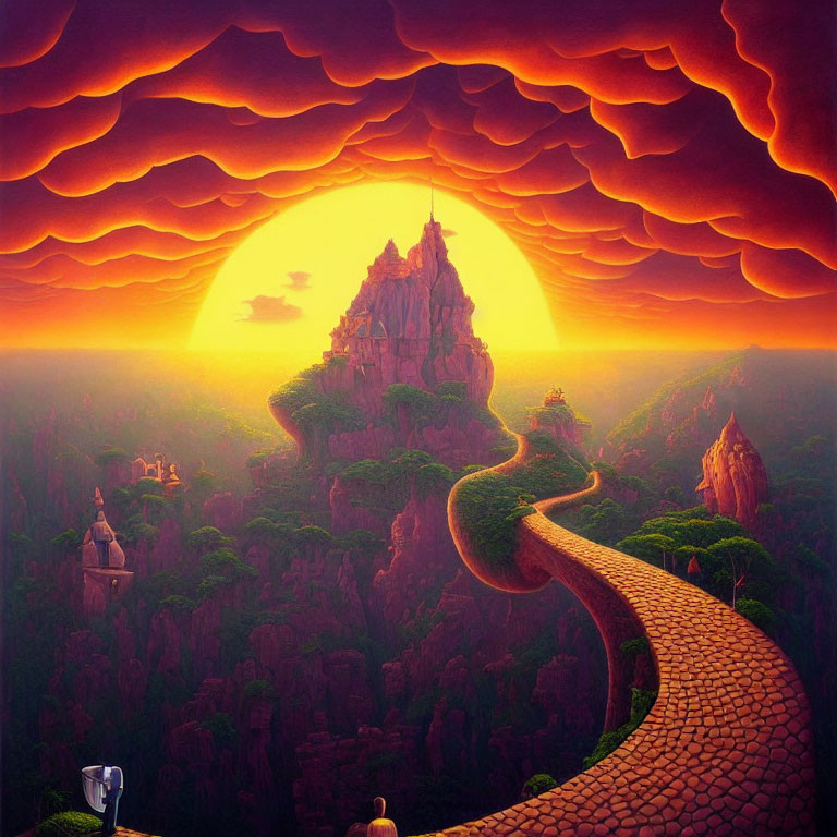 Fantastical landscape with winding path to castle under vibrant sunset