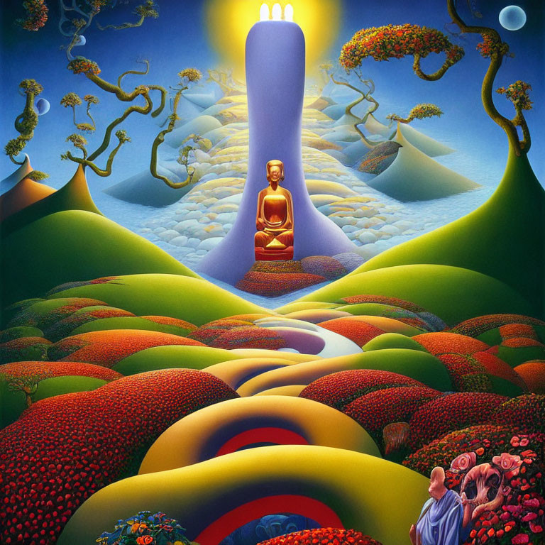 Surreal landscape with meditating figure among candle-shaped hills