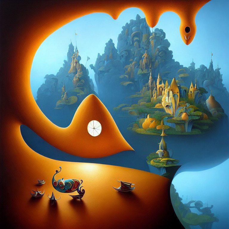 Surreal landscape featuring whimsical architecture, floating islands, boats, orange sea, and swir