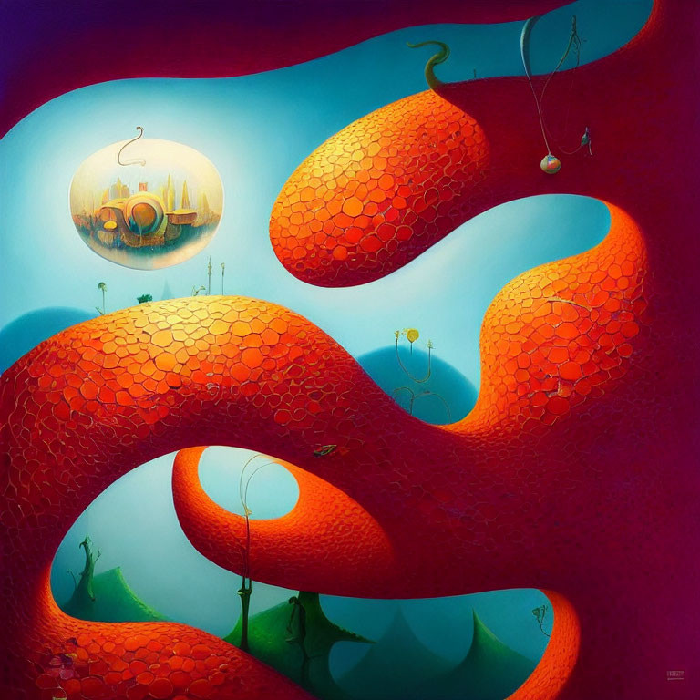 Surreal landscape with red wavy hills and floating city in a bubble