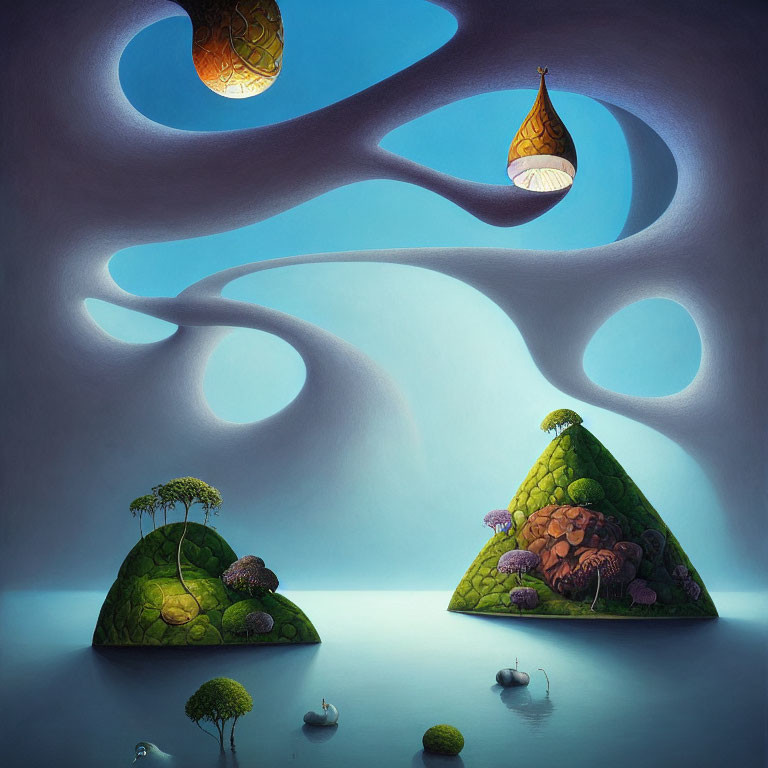 Surreal landscape featuring pyramid-shaped islands, whimsical trees, winding pathway, lanterns, boats