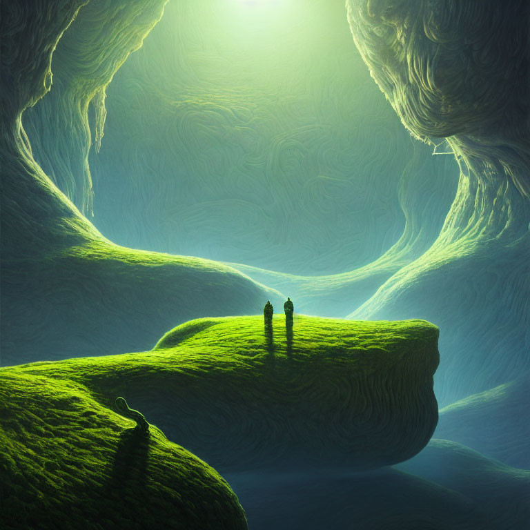 Silhouetted figures on lush green ledge overlooking surreal cavernous landscape