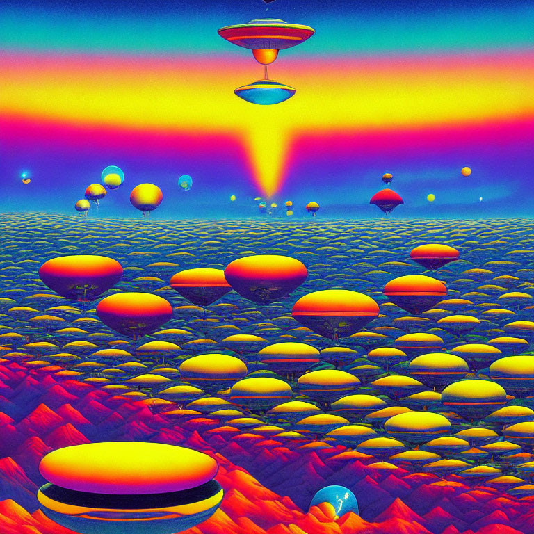 Surreal landscape with floating orbs, disc-shaped objects, and UFO emitting beam