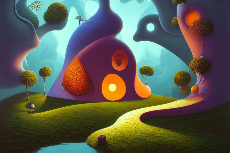 Colorful Landscape with Curvy Trees, Glowing Orbs, and Lush Path