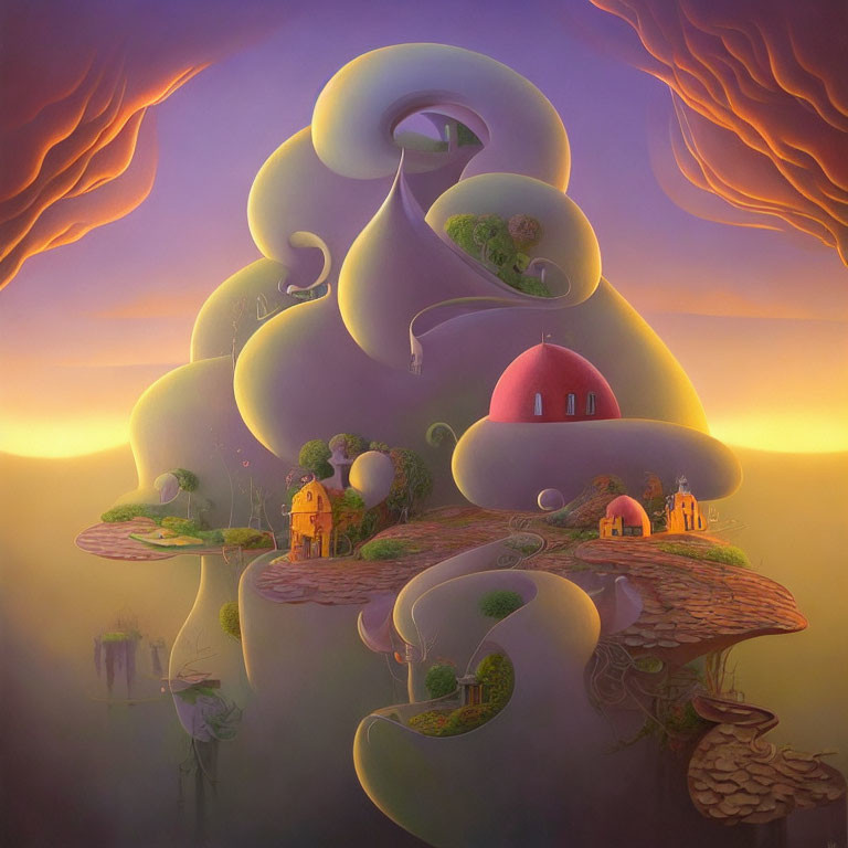 Spiraling hills, houses, trees, and floating islands in dreamy purple sky