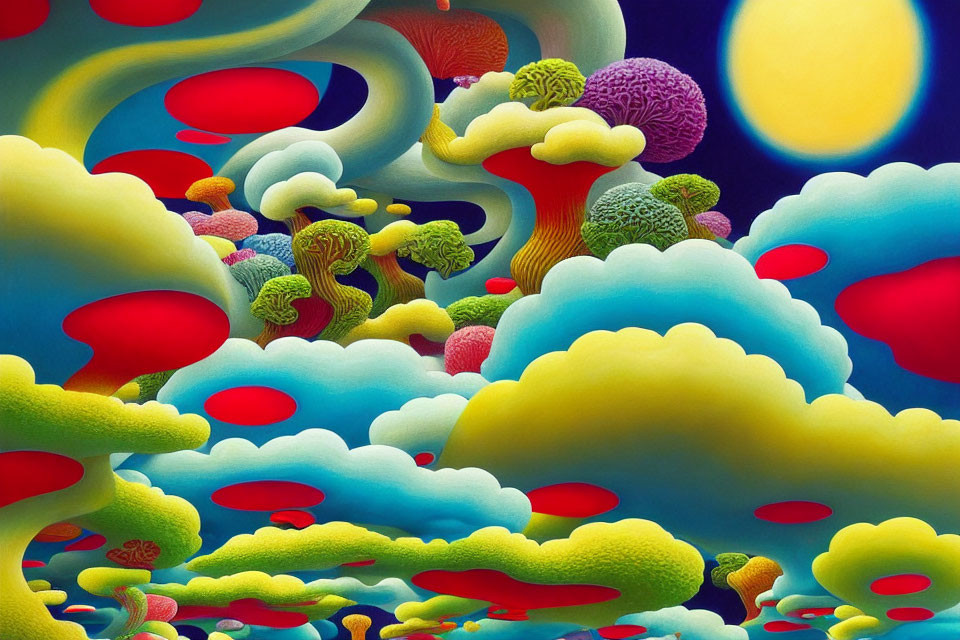 Surrealist landscape with sinuous shapes and fluffy clouds