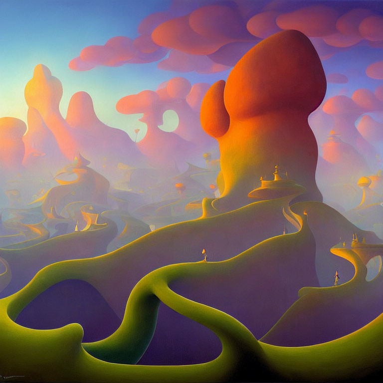 Surreal landscape with green pathways, pink clouds, small figures, and golden pagoda-like structures