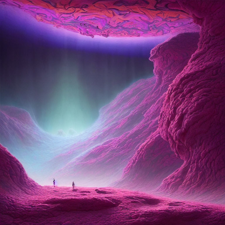 Surreal purple alien landscape with two figures