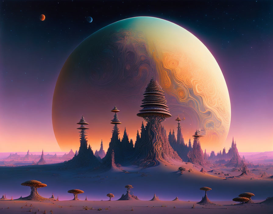 Fantastical mushroom towers in surreal landscape under purple sky