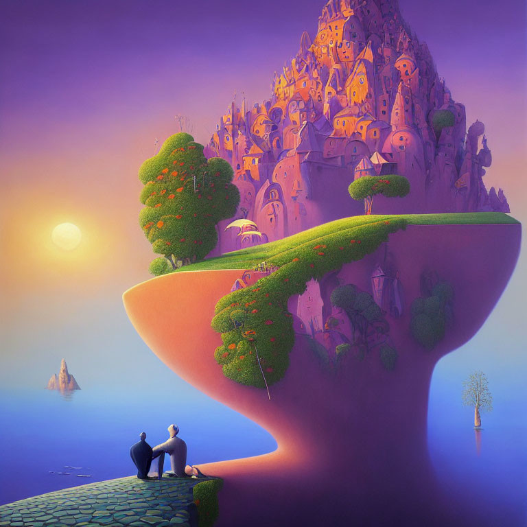 Floating Island Painting with Vibrant Purple Sky and Fairytale City