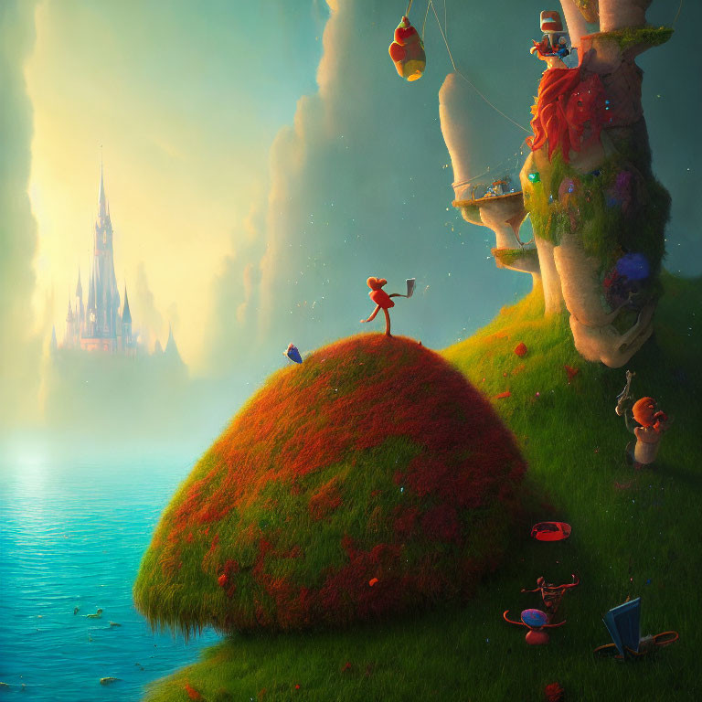 Whimsical artwork featuring giant tree, floating islands, castle, characters, and oversized objects