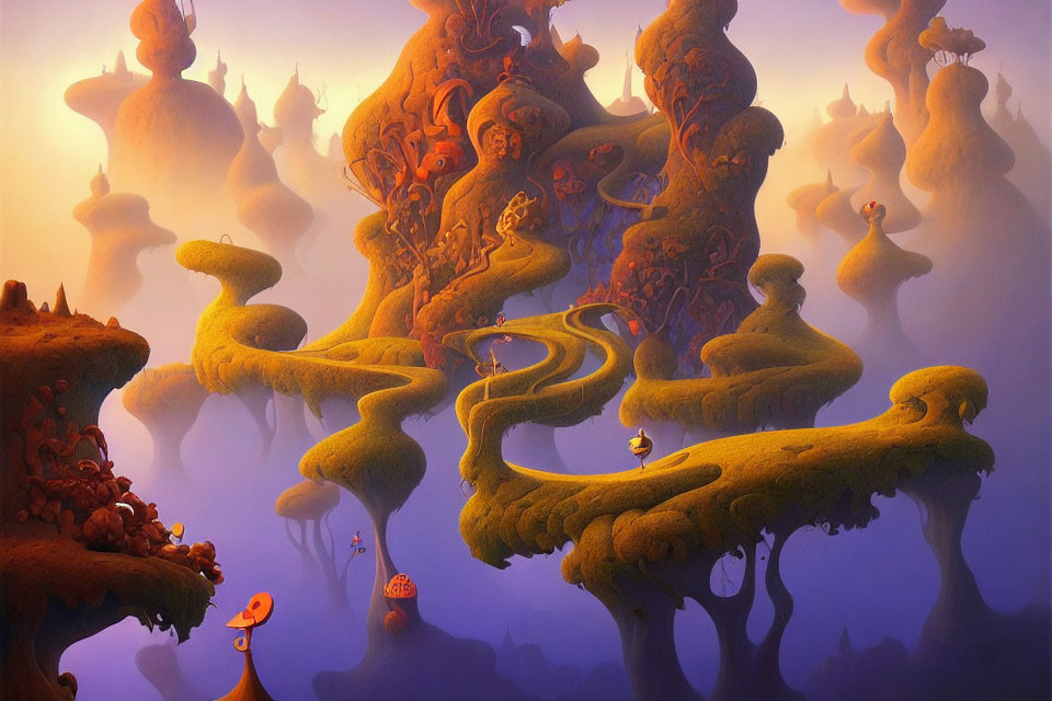 Fantastical landscape with whimsical trees and creatures in warm purple glow