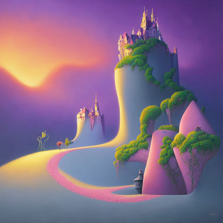 Purple landscape painting with path to fantastical castle on cliff