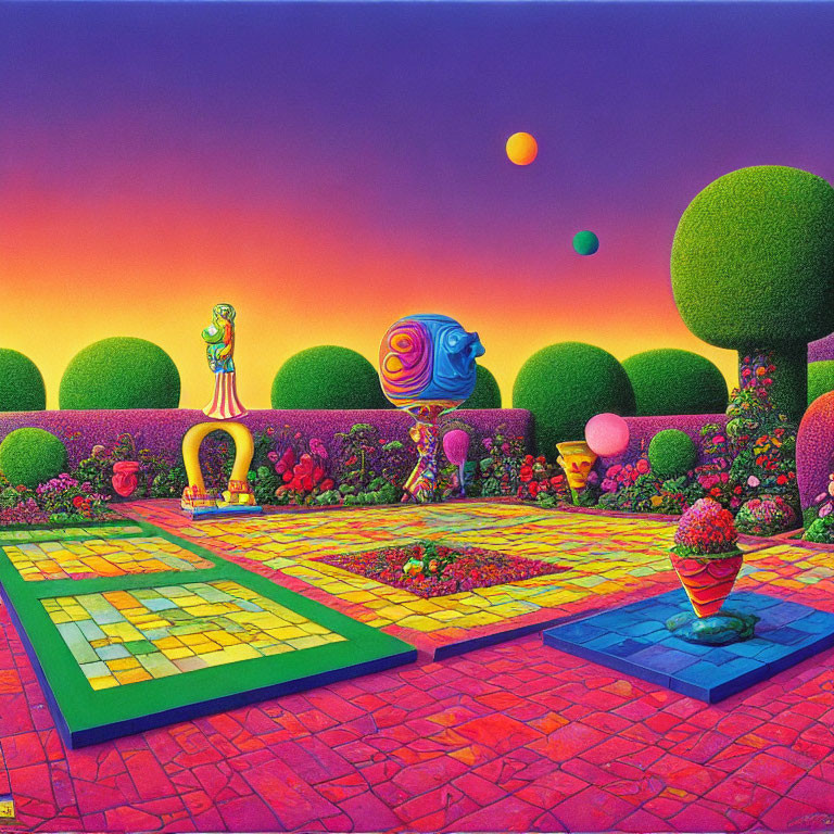 Colorful surreal garden with hedges, tiled path, sculptures, and orange sky