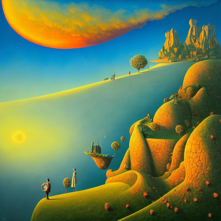 Vibrant surreal landscape with figures, orange sun, and fantastical elements