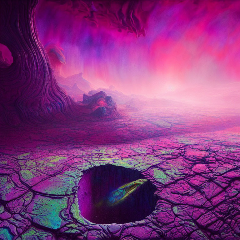 Surreal landscape with vibrant pink and purple sky, ethereal tree, cracked ground, and mysterious