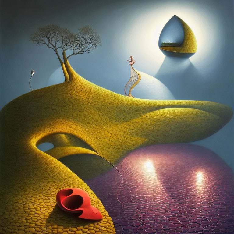 Surreal landscape with golden path, floating tear-shaped island, red hat, person with tree branch