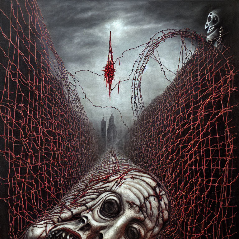 Dark surreal artwork: decaying face, barbed wire, skull, bleak cityscape, gloomy