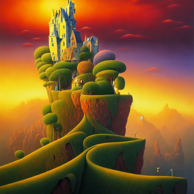 Whimsical painting of castle on cliff with surreal landscape