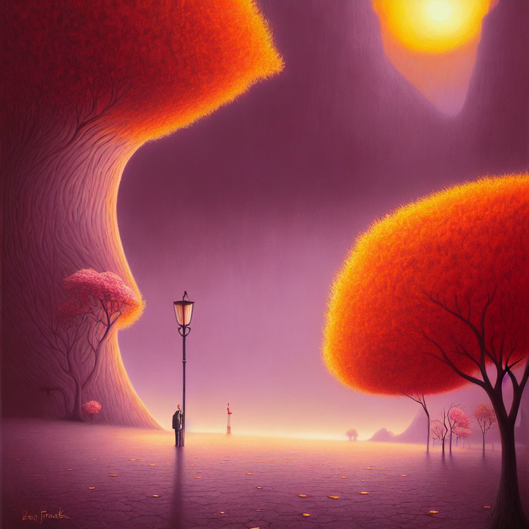 Surreal illustration of oversized orange trees and figures in purple landscape