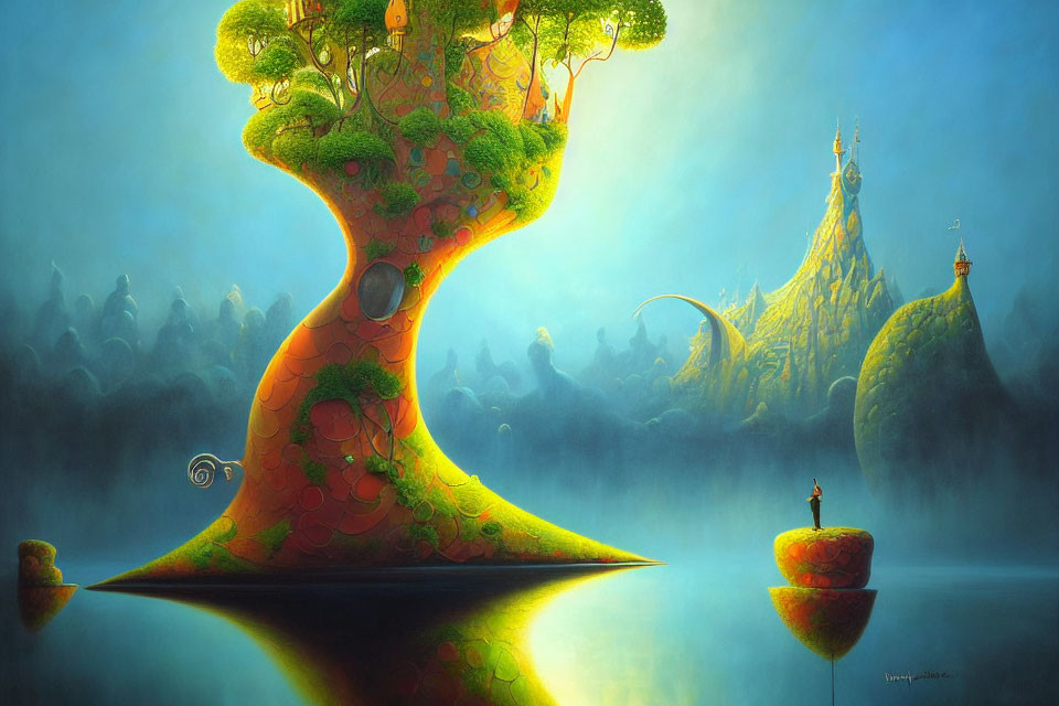 Whimsical art: Curvy tree with door on serene lake, islands, castle peak