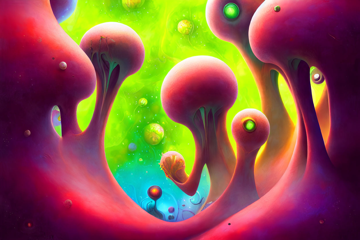 Colorful Surrealist Landscape with Mushroom-like Structures and Neon Glow