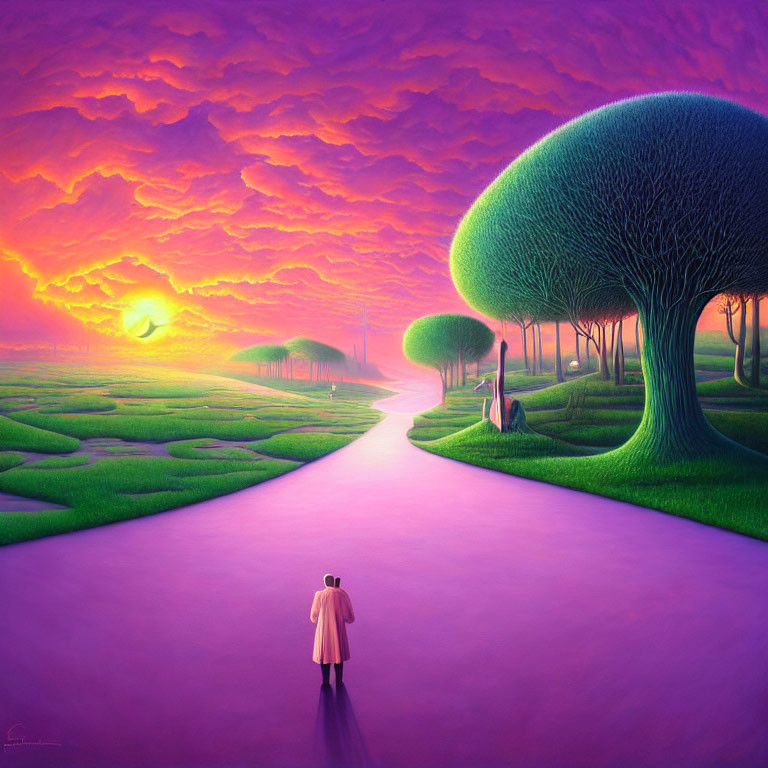 Vibrant purple and pink surreal landscape painting with setting sun, whimsical trees, and river.