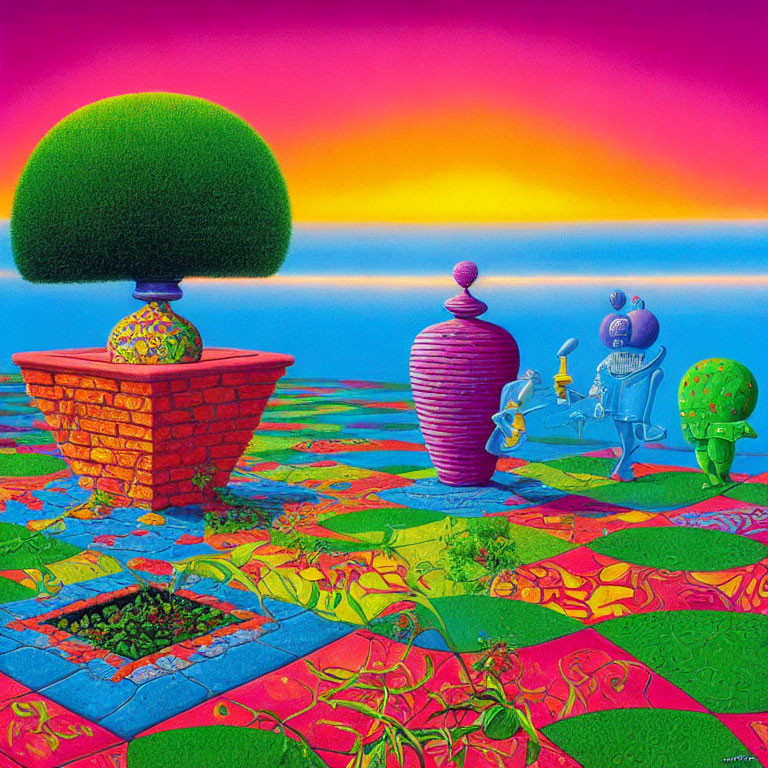 Colorful Tiled Path, Whimsical Trees, Robot Watering Flower in Surreal Landscape