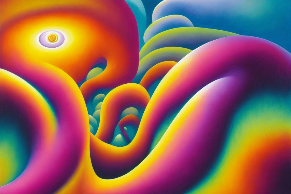 Colorful Abstract Painting with Swirling Shapes in Pink, Purple, Yellow, and Blue