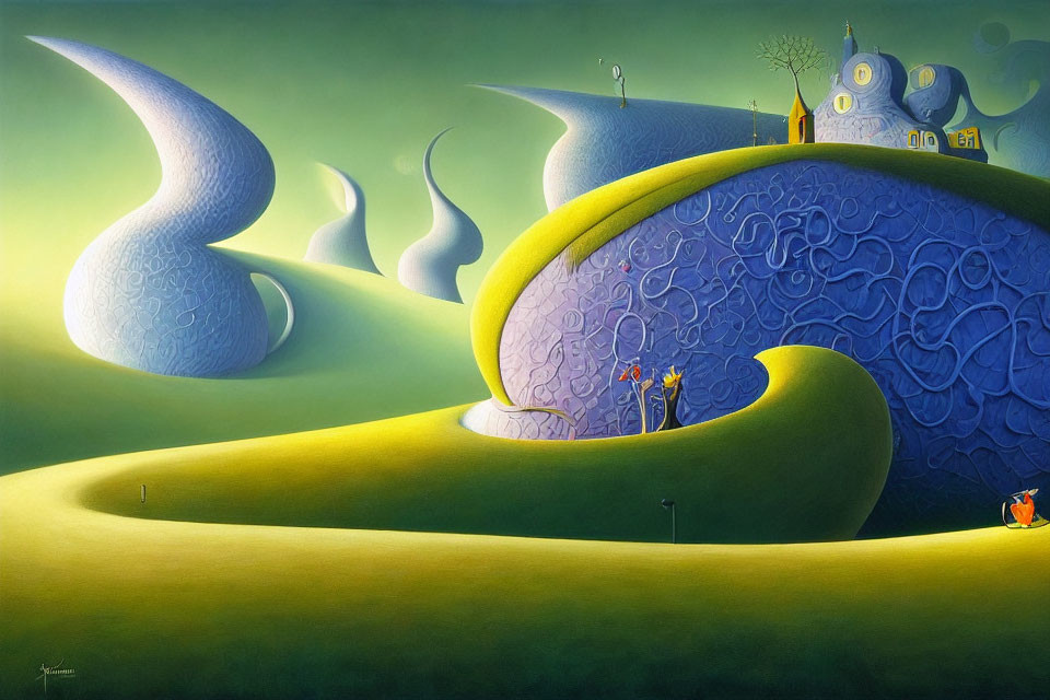 Surreal landscape painting with green hills, blue structures, and tiny figures