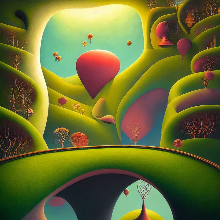 Vibrant green hills, barren trees, and red balloons in whimsical landscape