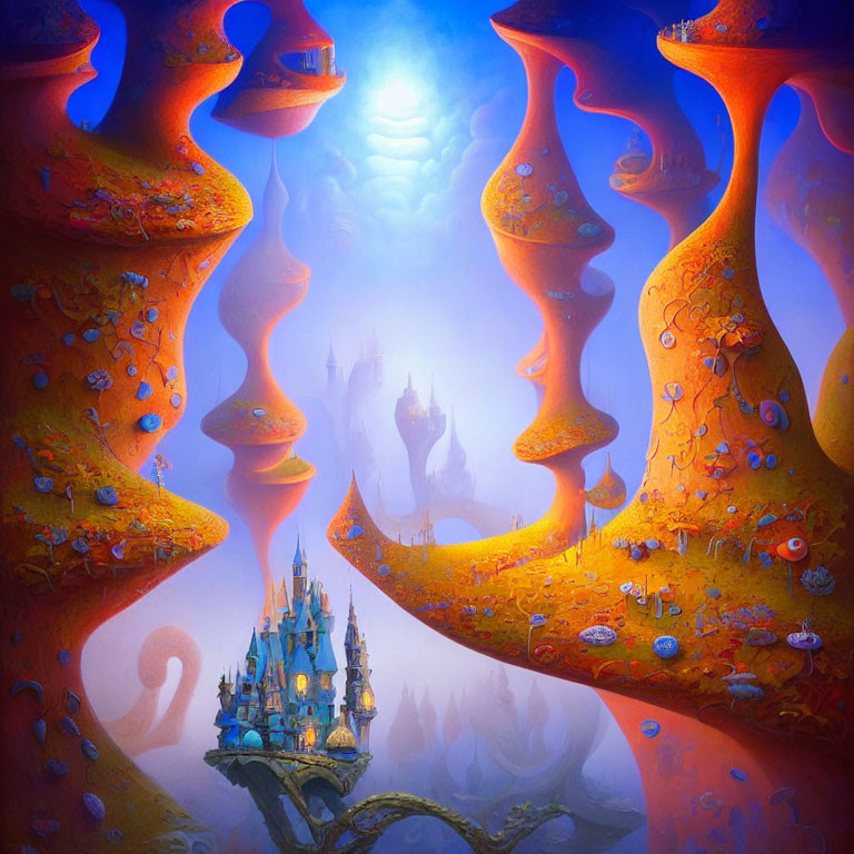 Fantasy landscape with orange structures, floating islands, and blue castle