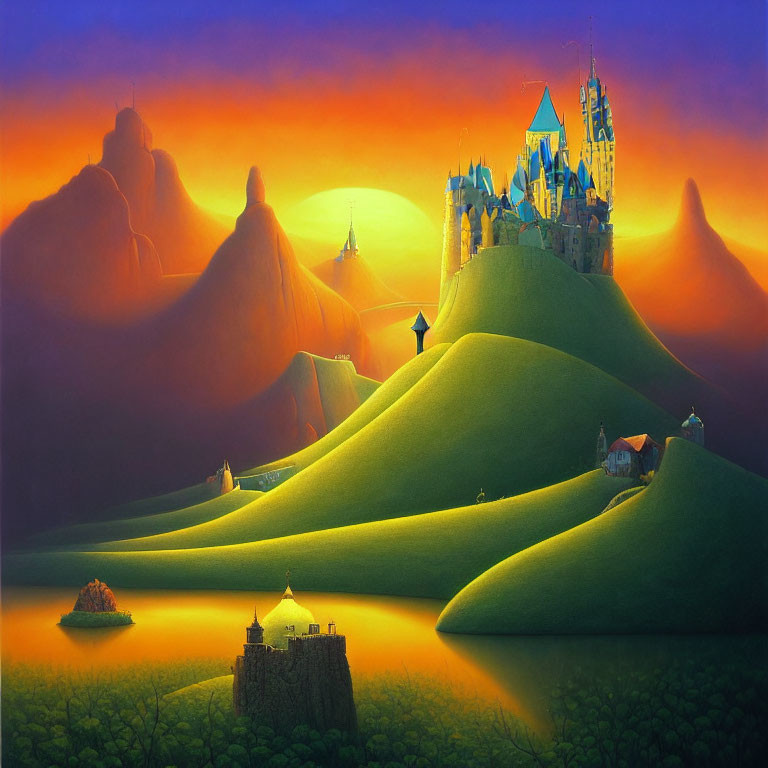 Vibrant castle on hill in fantasy sunset landscape