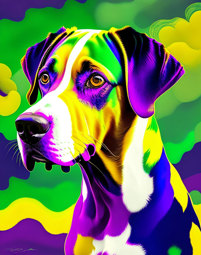 Colorful Digital Artwork: Dog with Multicolored Coat on Vibrant Background