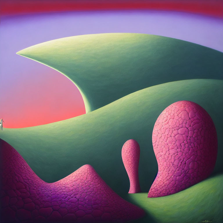 Surreal landscape painting with green hills, pink-pebbled shapes, lone figure, gradient sky