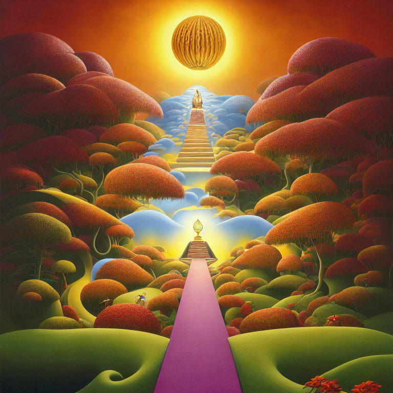 Surreal landscape with pink pathway, figure climbing stairs towards glowing orb, tree-covered hills.