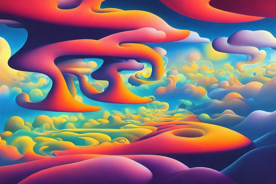 Vibrant surreal landscape with flowing orange, blue, and yellow shapes