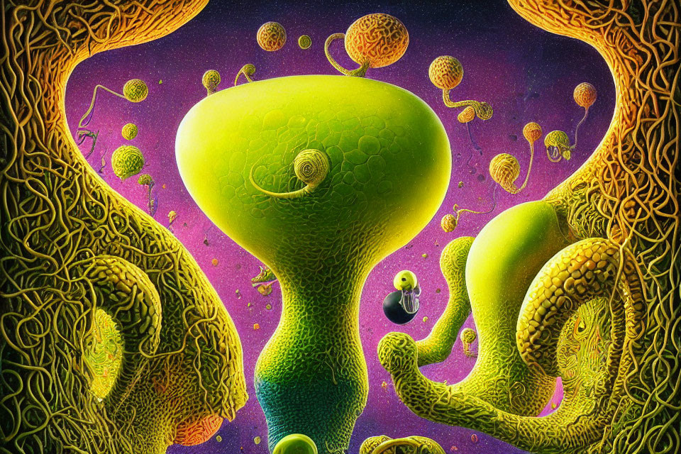 Colorful surreal landscape with large green mushroom and floating orbs.