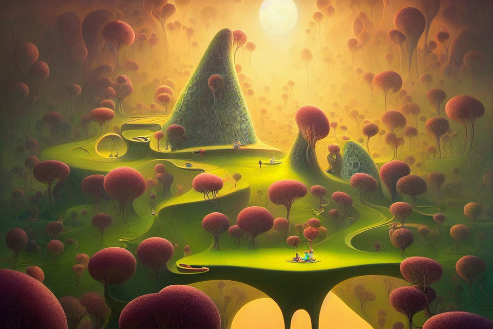 Fantasy landscape with green hills, mushroom trees, and tiny figures