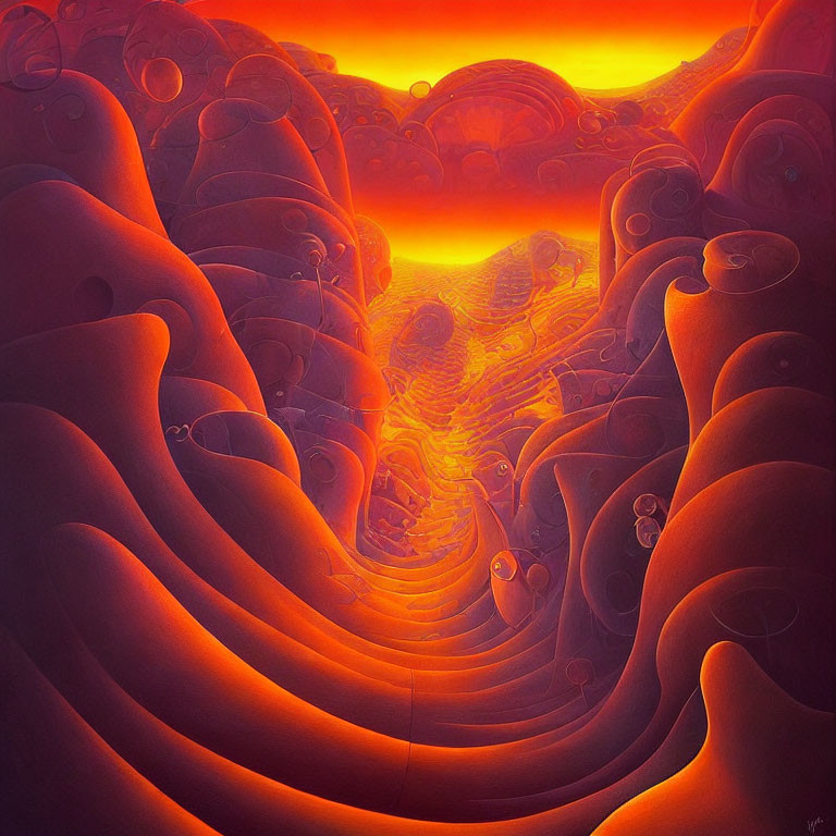 Surreal fiery landscape with glowing river and sun-like horizon