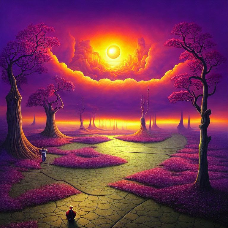 Colorful fantasy landscape with cobblestone path, surreal trees, and shining sun.