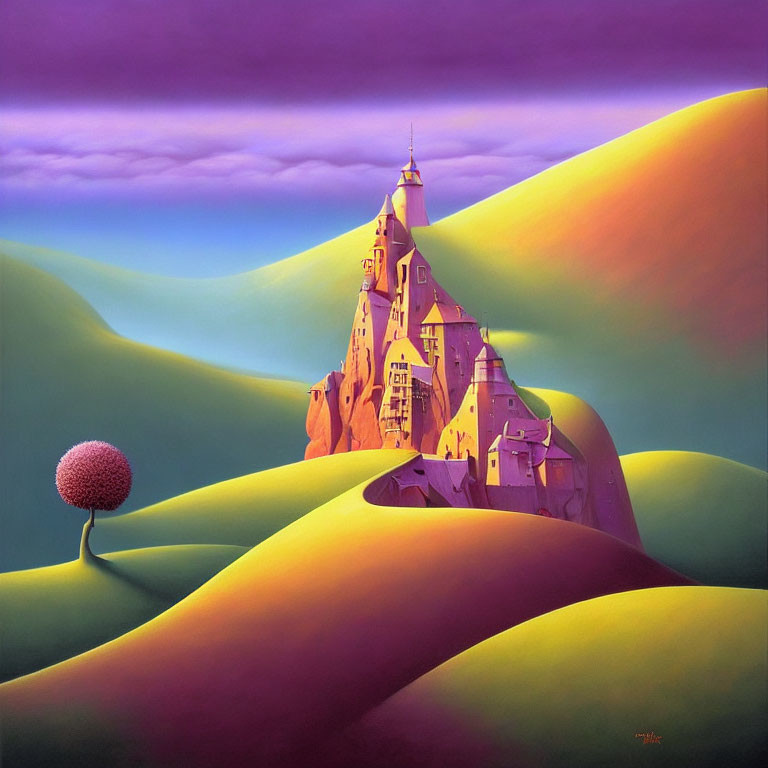 Vibrant surreal landscape with green hills, red tree, and purple castle