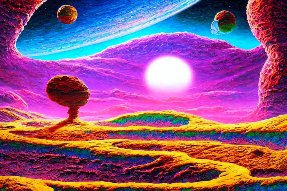 Colorful Psychedelic Landscape with Floating Spheres and Purple Terrain