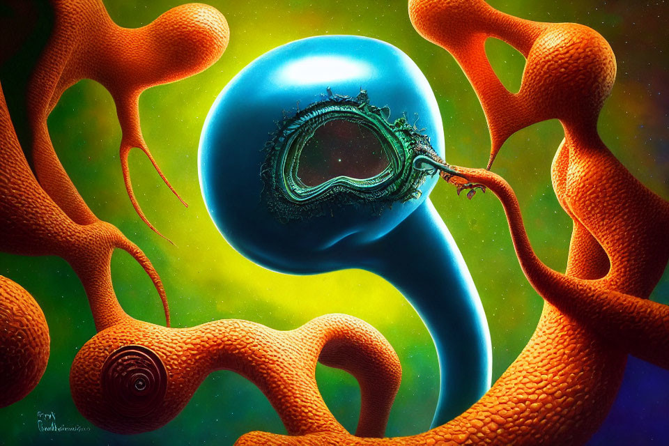 Colorful Surrealist Artwork: Glossy Blue Orb with Orange Tentacles