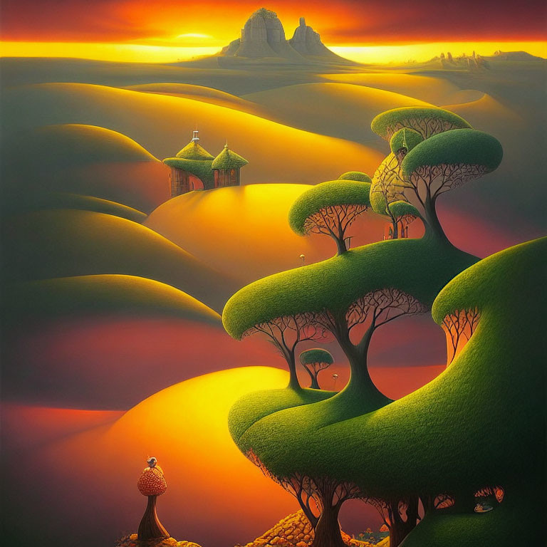 Surreal landscape with orange hills, green trees, and person in golden light